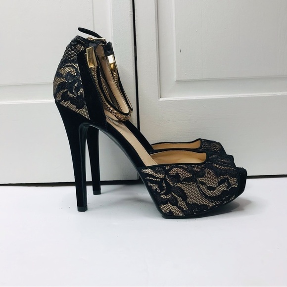GUESS Black Lace Open Toe Stiletto Heels Size 9 - Picture 4 of 9